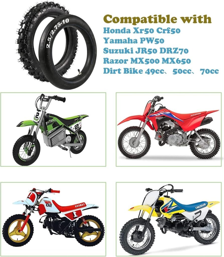 2.5-10 Dirt Bike Tire, 2.5-10 Off-Road Tire and Inner Tube Set, 2.50/2.75-10 Dirt Bike Replacement Inner Tubes, Compatible with Honda XR50/CRF50, Suzuki JR50/DRZ70, and Yamaha PW50