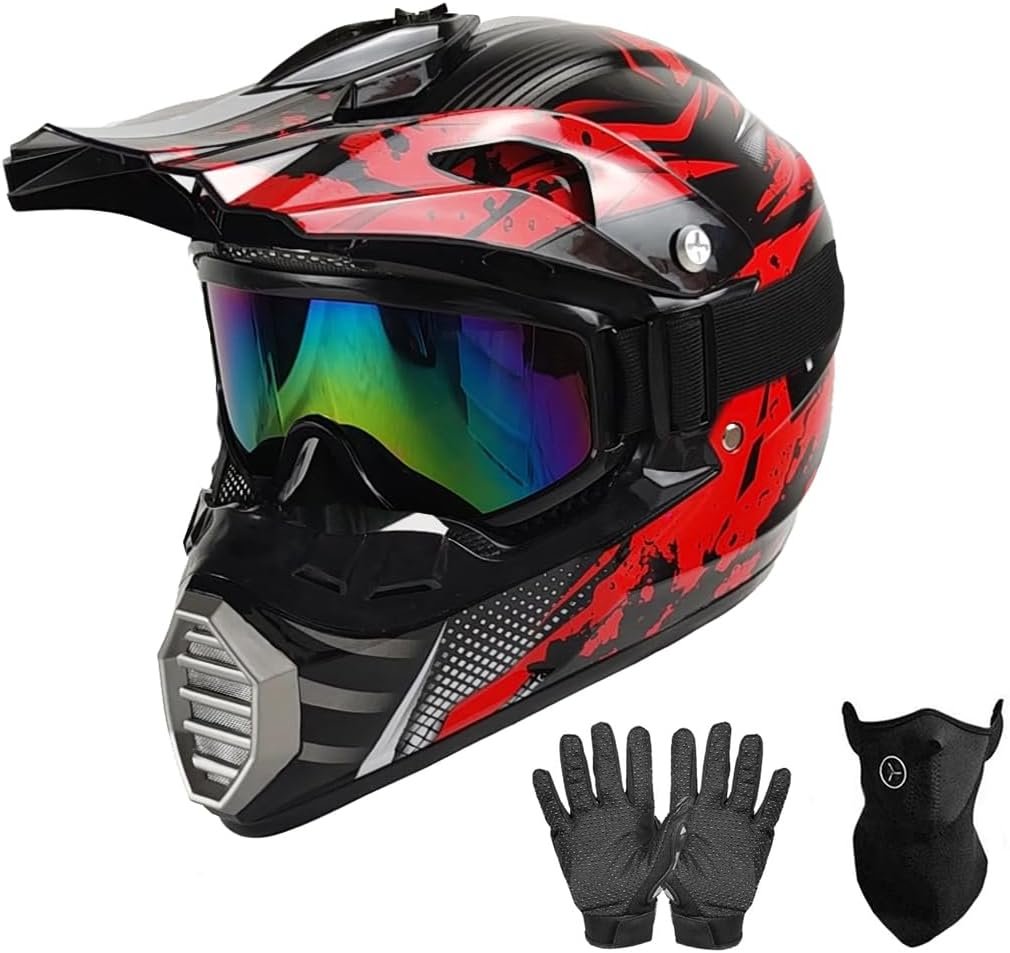 CUETY DOT Youth Kids Motocross Helmet, Unisex Dirt Bike ATV BMX Street Ride Off-Road Full Face Motorycle Helmet W/ Goggles Gloves Mask