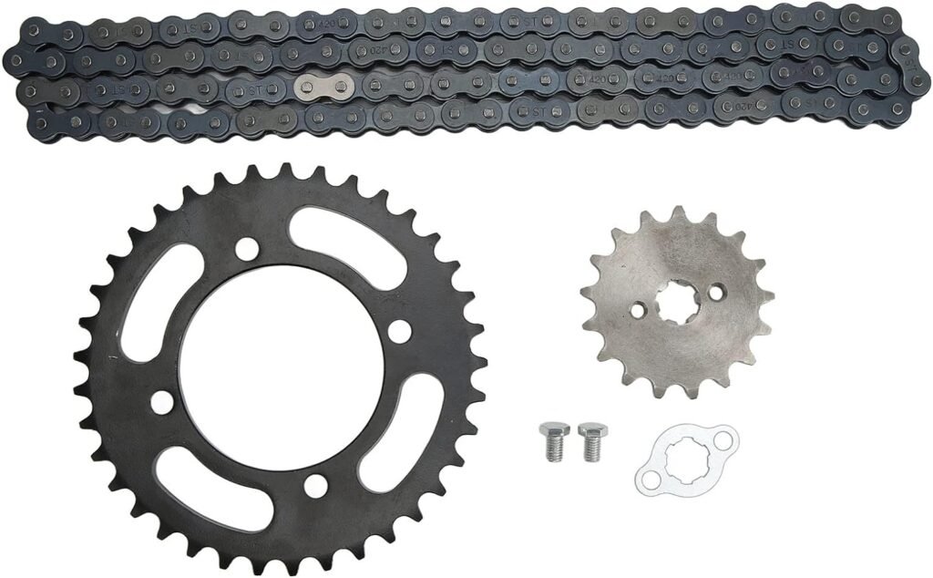 Akozon 420 Chain Sprocket, Chain Sprocket kit, 420 Chain 155mm 37T Front 17T Rear Sprocket and Set for Universal Fit 50cc to 125cc Dirt Mini Bikes ATV Go Kart
