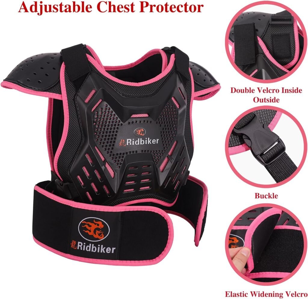 Kids Dirt Bike Gear Motorcycle Armor, Kids Chest Protector Motocross Motorcycle Protective Gear Body Armor Vest Knee Guards and Elbow Full Body Protection Set for Cycling Skateboard MTB ATV (Pink)