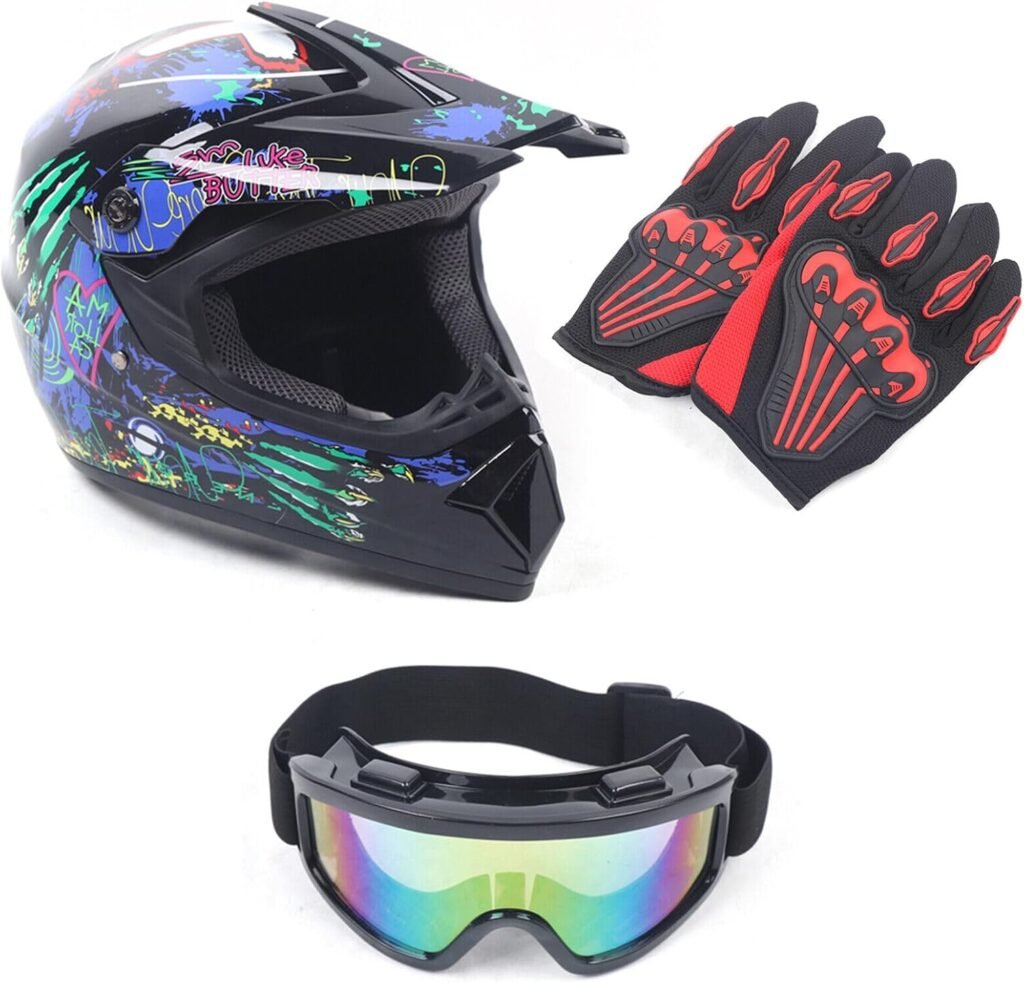 Motorcycle Helmets, Youth Kids Offroad Gear Combo Helmet Gloves Goggles DOT Motocross Off-Road Racing ATV Dirt Bike Protector (#1, M)